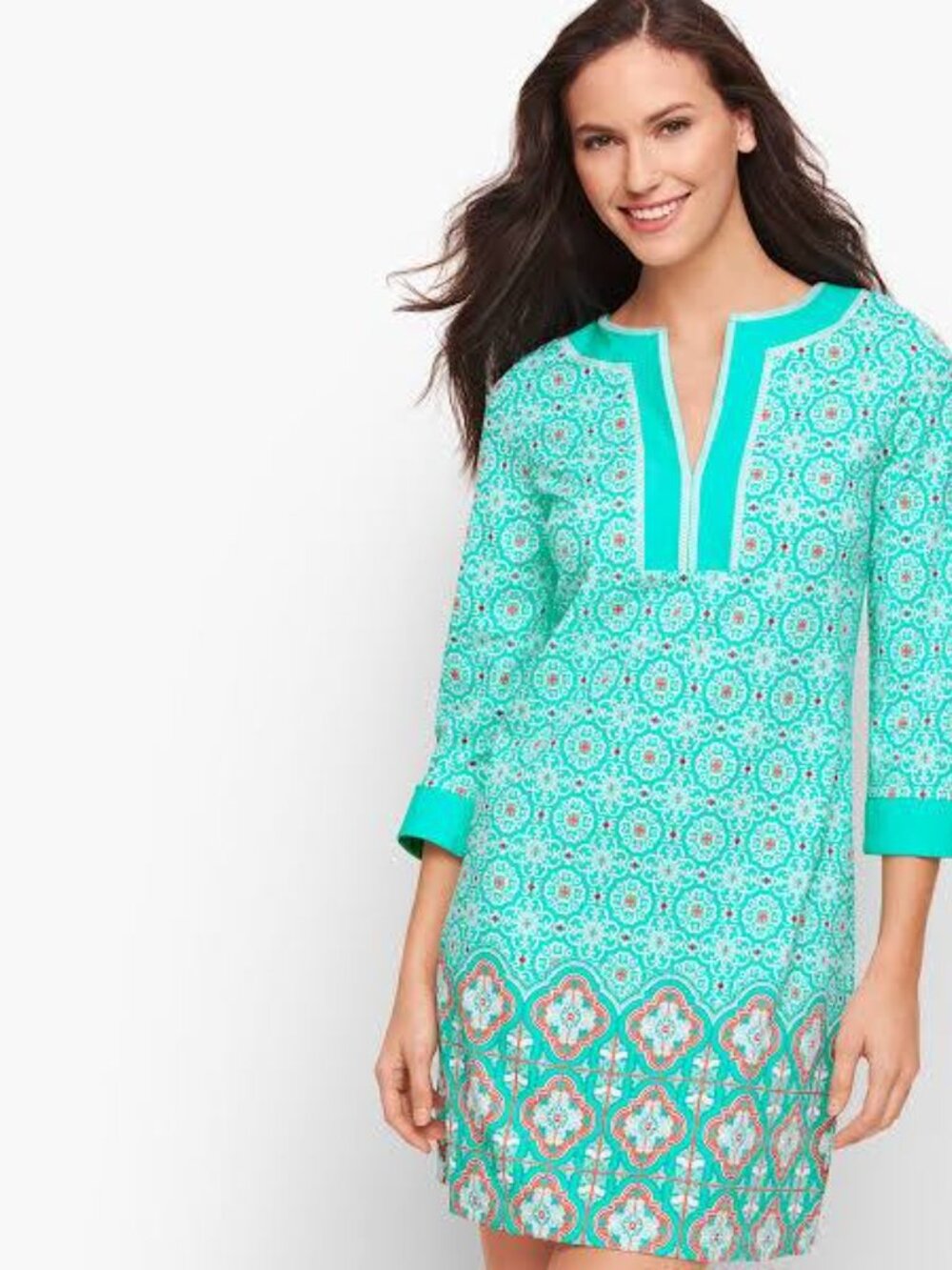 Cabana Life X Talbots Dress Womens Large Blue Tile Print V Neck Shift Tunic